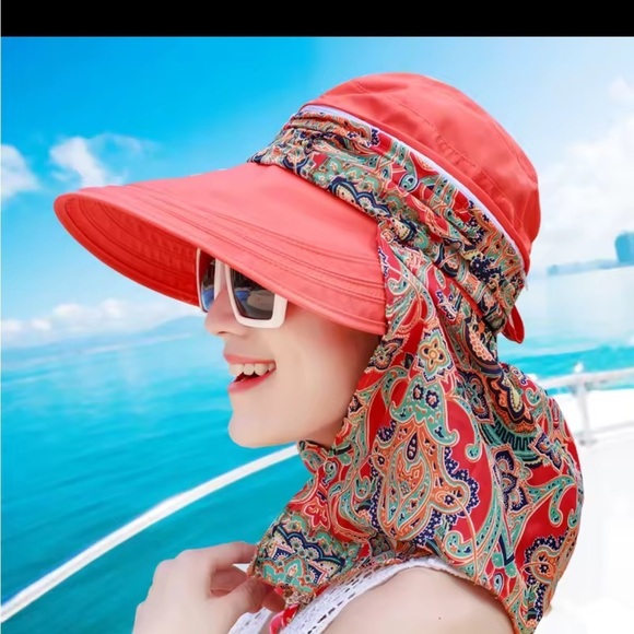 Tangerine UV Protection Wide-Brimmed Sun Hat with Detachable Silk Scarf - Picture 2 of 4